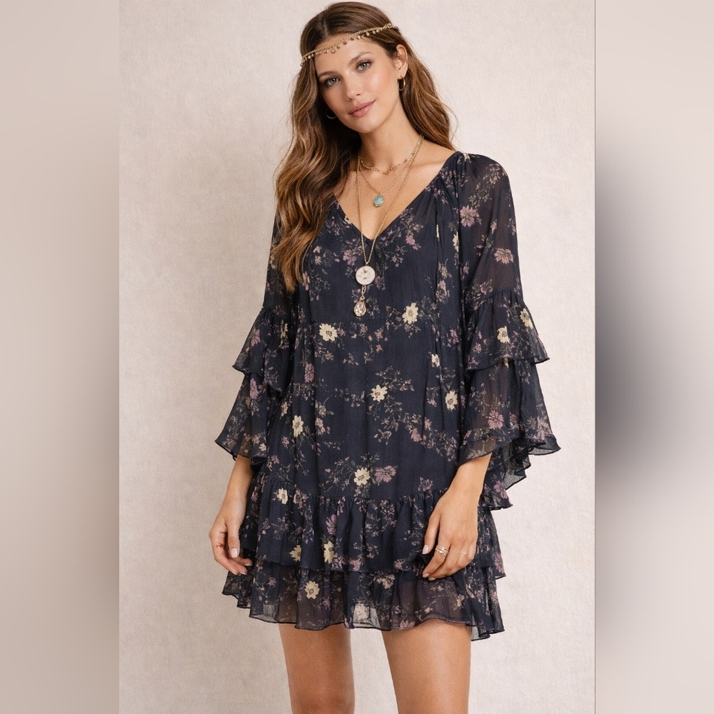 Free People Sunsetter Floral Boho Ruffle Bell Sleeve Mini Dress, Small